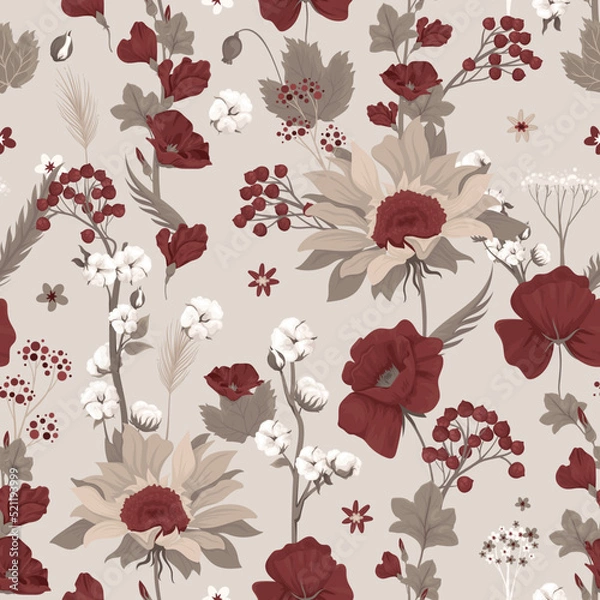 Obraz Seamless pattern with red flowers on a beige background