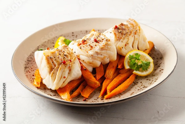 Obraz Fried pieces of cod loin, served with sweet potato fries. Light stone background.