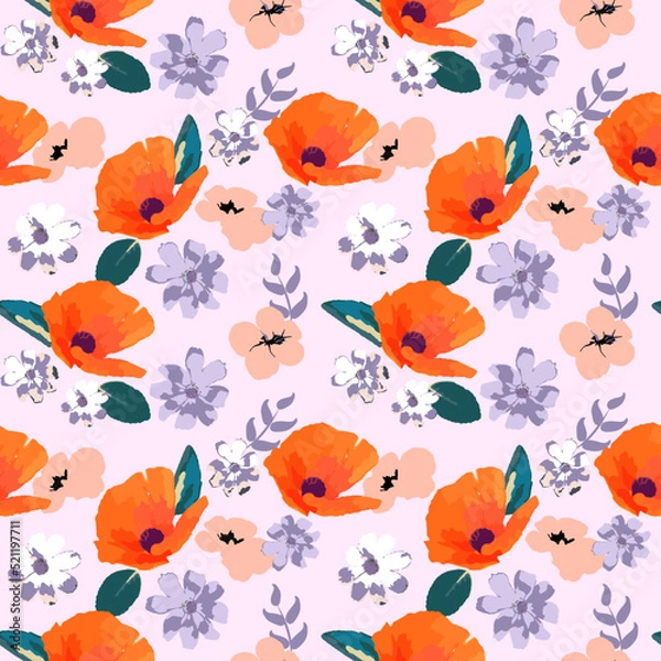 Fototapeta Seamless pattern with bouquets of poppies and chamomiles. Floral background for swimsuit, textile, wallpaper, pattern fills, covers, surface, print, gift wrap. Shabby chic.