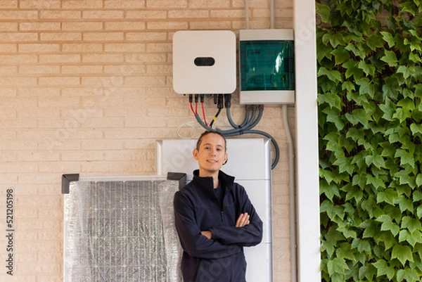 Fototapeta Front view of young man worker technician looking to camera with arms crossed with a solar system behind
