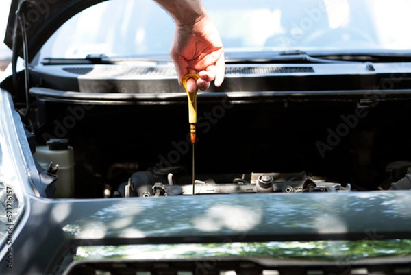 Obraz Man checking th engine oil level  at the parking. Regular car service.