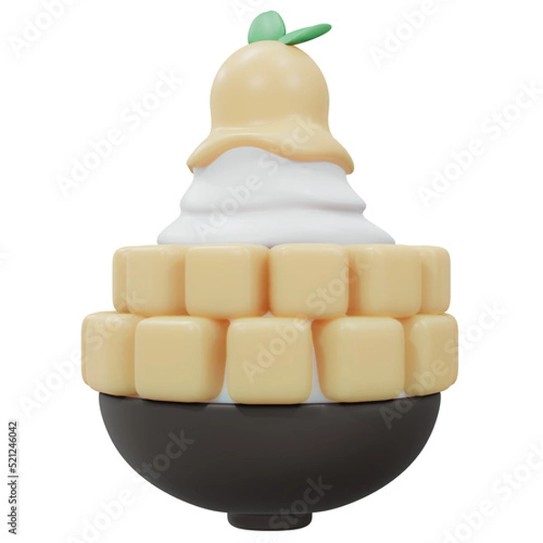 Fototapeta 3D Rendering of mango bingsu ice cream shaved ice isolated on white. 3d render cartoon style.