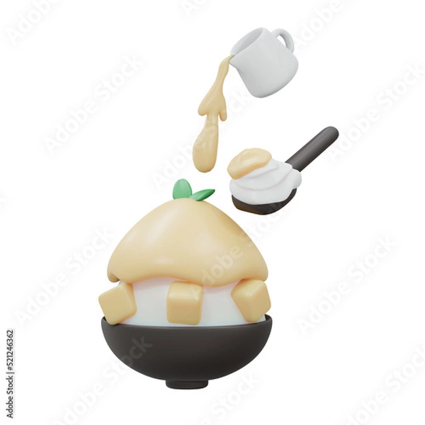 Fototapeta 3D Rendering of mango bingsu ice cream shaved ice isolated on white. 3d render cartoon style.