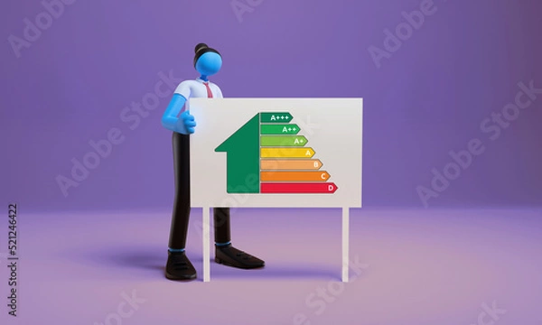 Fototapeta EPC energy performance certificate 3d character explainer showing a signal with a message board - Template stickman to fill with text on colorful background - Energy, property, plan, power, eco