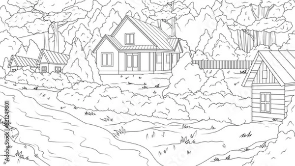 Obraz Vector illustration, village near the river among the forest