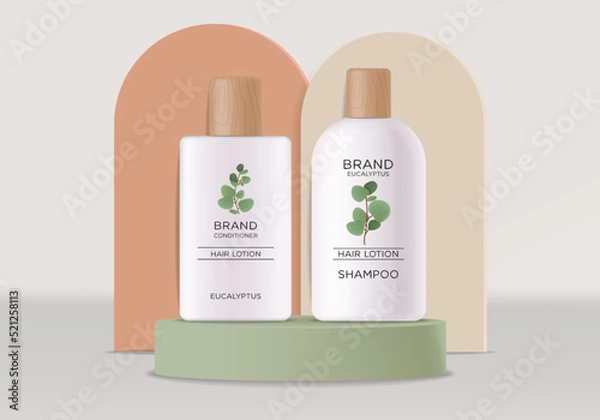 Fototapeta Realistic eucalyptus cosmetics set, beauty lotion bottle cosmetics, eucayptus design, treatment cosmetics collection vector, beauty cosmetics on eucalyptus background, bio product mockup