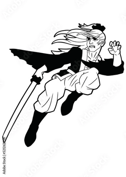Fototapeta A samurai guy in a jump holds a katana in his hand his long hair flutters in the wind.drawn in a cartoon style of japanese comics anime and manga outline drawing coloring book with shadows