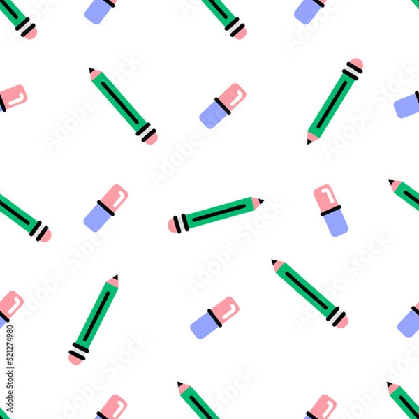 Fototapeta Seamless modern pattern with pencil and eraser. School background, office pattern