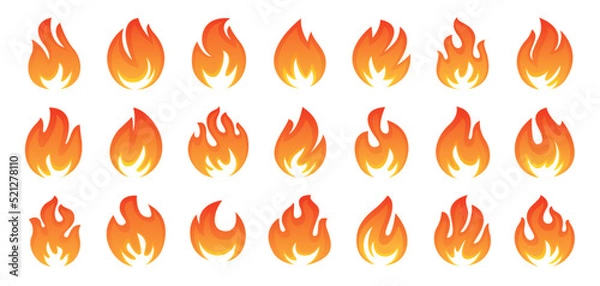 Fototapeta Flame, red hot bonfire set vector icons. Blazing, burning heat fire symbol. Ignition concept. Vector isolated