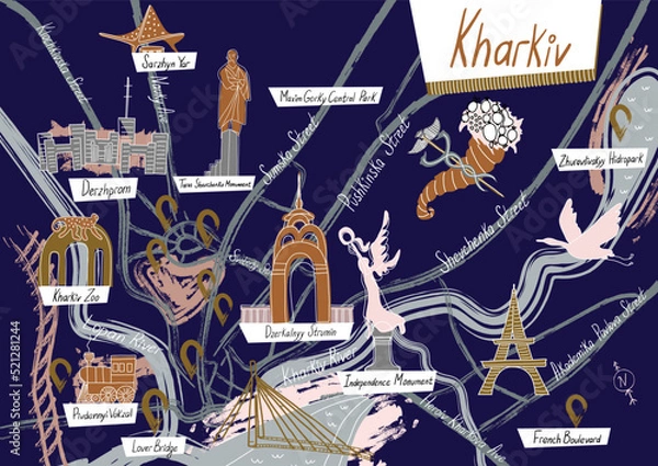 Fototapeta Kharkiv city map vector hand drawn illustration for creative graphic design in doodle style.