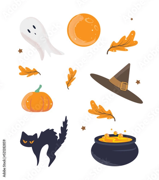 Obraz set of helloween vector icons on the white background with brown witch hat and orange pampkin and 
boiling potion in a cauldron and 
flying ghost
