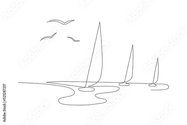Fototapeta Continuous line drawing of three sailboats sailing on the sea. Line art vector illustration of sailing yachts.