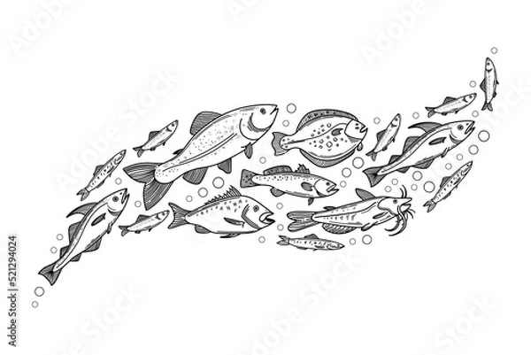 Obraz Fish wave composition. Decorative flock of fish. Vector illustration of school of fish