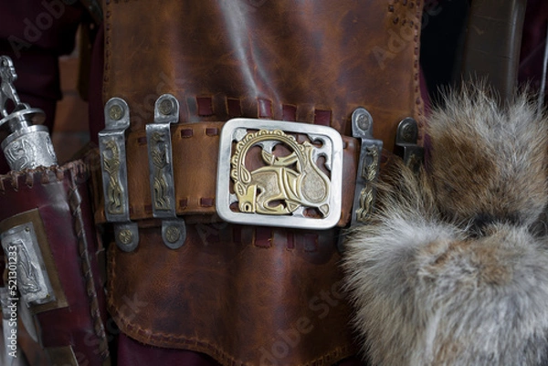 Fototapeta Close up view of Scythian leather belt on armor