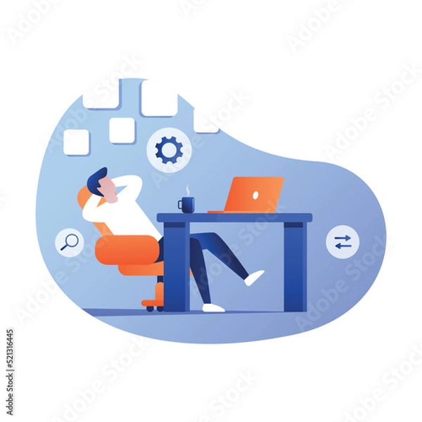 Fototapeta Relax worker sitting and dreaming at his office, flat vector design.