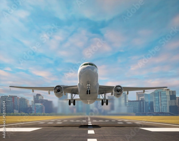 Fototapeta Commercial airplane Takeoff on airport runway with city in the background, 3D illustration.