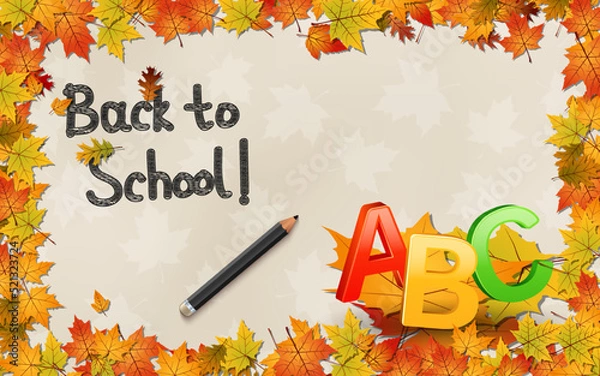 Fototapeta Back to school, education autumn style vector illustration. Old paper background with colorful leaves
