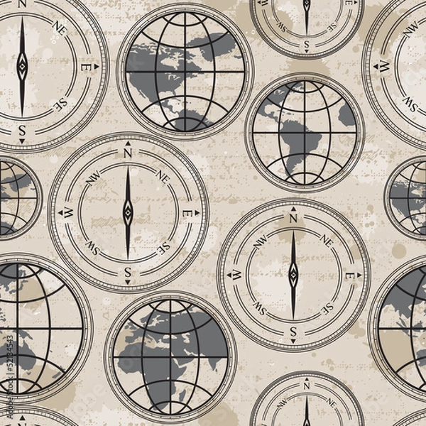 Obraz Seamless retro grunge background with globe and compass