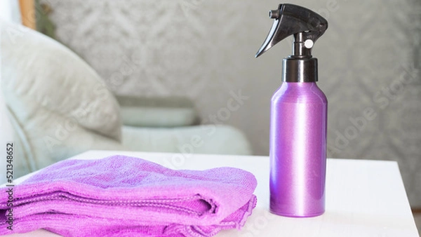 Fototapeta House cleaning tools (pulverizer and cloth)