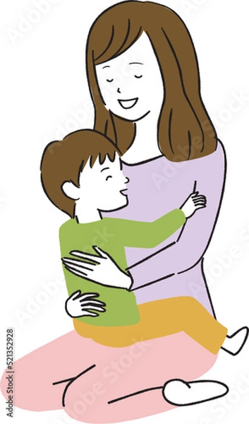 Fototapeta 線画カラーイラスト 母親に抱っこしてもらう男の子