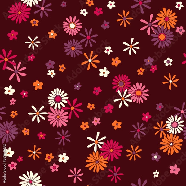Fototapeta Vintage vector seamless pattern. Nostalgic retro 70s groovy print. Hippie floral background. Textile and surface design with old fashioned hand drawn naive geometric flowers