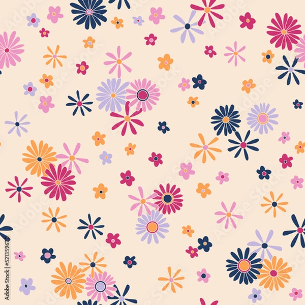 Fototapeta Vintage vector seamless pattern. Nostalgic retro 70s groovy print. Hippie floral background. Textile and surface design with old fashioned hand drawn naive geometric flowers