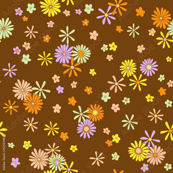 Fototapeta Vintage vector seamless pattern. Nostalgic retro 70s groovy print. Hippie floral background. Textile and surface design with old fashioned hand drawn naive geometric flowers