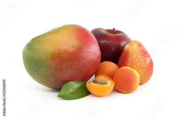 Fototapeta Whole and halved ripe apricot, pear and red apple