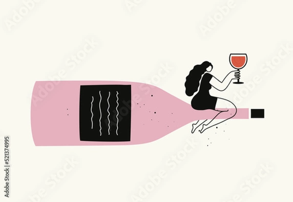 Fototapeta Vector illustration with women sitting on pink wine bottle with wineglass. Colored print design, bar menu and wall decoration poster template.