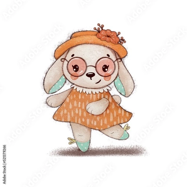 Fototapeta Hand drawn illustration of a cute dancing rabbit girl in a dress and hat. Whimsical  bunny character.