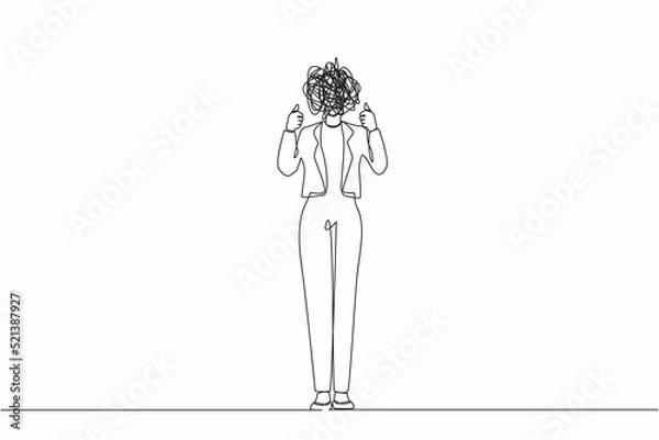 Fototapeta Single continuous line drawing businesswoman with round scribbles instead of head. Confused female manager standing and showing thumbs up positive gesture with hand. One line graphic design vector