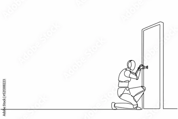 Fototapeta Single continuous line drawing robots prying doorknob with screwdriver. Modern robotics artificial intelligence technology. Electronic technology industry. One line graphic design vector illustration