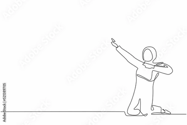 Fototapeta Single one line drawing happy Arab businesswoman kneeling with celebrating goal pose. Female manager celebrating success of increasing company product sales. Continuous line draw design graphic vector