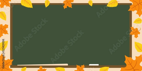 Fototapeta Cute school background. School blackboard with a pointer and a piece of chalk framed by autumn leaves. Vector illustration.