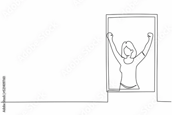 Fototapeta Single continuous line drawing happy woman doing stretching and look out of window. Welcome new day and breathe fresh air. Enjoy sunny weekend at home. One line draw graphic design vector illustration
