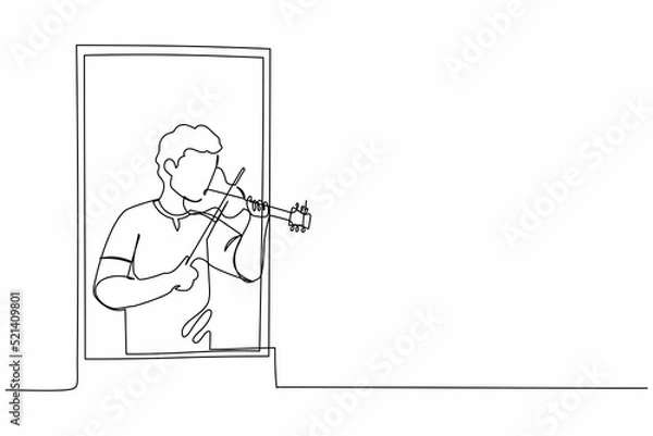 Fototapeta Single continuous line drawing professional male musician standing near window and playing violin in cozy room at home. People staying at home in self quarantine. One line design vector illustration