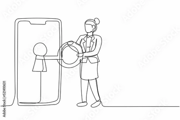 Fototapeta Single one line drawing businesswoman put key into smartphone. Unlock screen guard. Data privacy for protect internet user. Password device security system. Continuous line design vector illustration