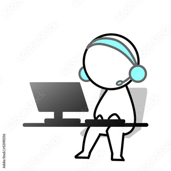 Fototapeta リモートワーク中のピクトグラム風人物シルエット　ヘッドセットあり