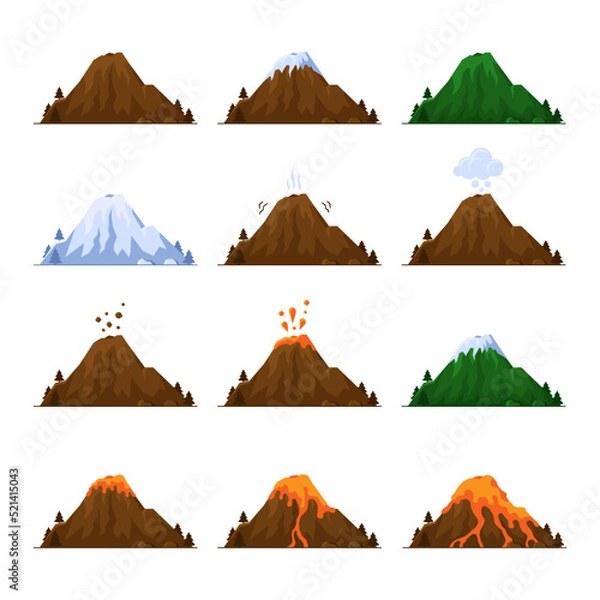 Obraz Mountain with Volcano Icons Set. Cartoon Style Vector