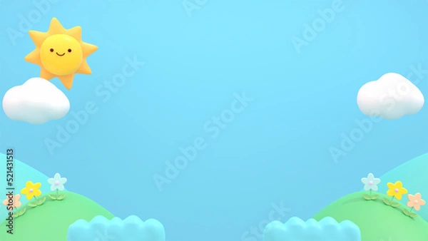 Fototapeta 3d rendered cute sun, white clouds, flowers, and mountains.