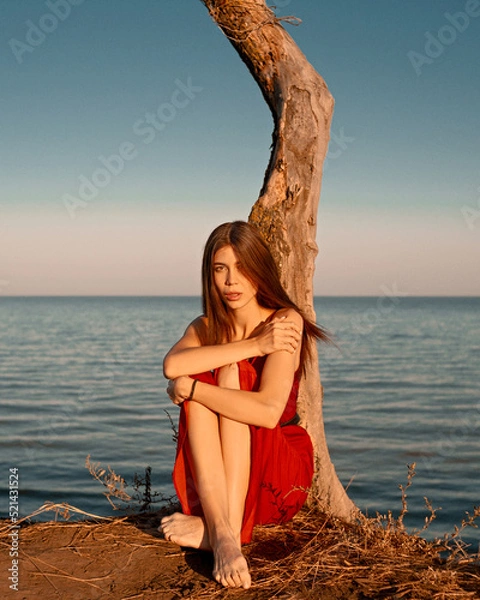 Fototapeta Lonely girl on a cliff near a dying tree