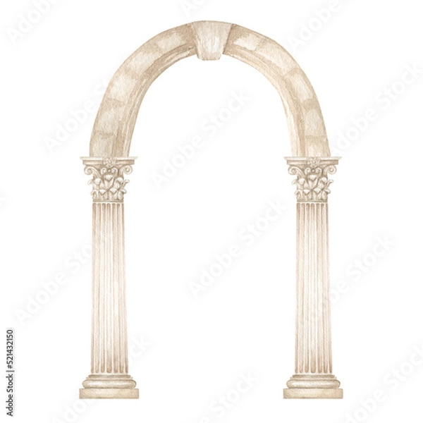Obraz Watercolor antique arch with column corinthian order, Ancient Classic Greek pillar, Roman Columns, Architecture facade elements Realistic drawing illustration isolated on white background