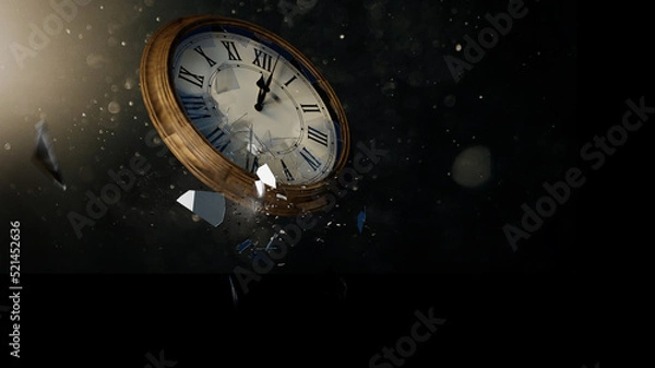 Fototapeta Time clock breaking in flying pieces on black background. 3D rendering