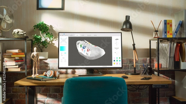 Obraz Desktop Computer Monitor Standing on a Table with 3D Design Softwear Processing a Model of Shoe. Cozy Empty Loft Apartment with Big Window with a Lamp, Notebook and Headphones on the Table.