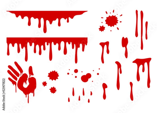 Fototapeta Collection of blood splatters. Halloween bleeding hand. Red paint