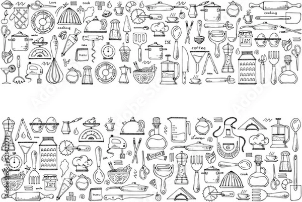 Fototapeta Vector background of kitchen tools. Hand drawn doodle cooking equipments. illustration for restaurant menu, recipe book, and wallpaper.