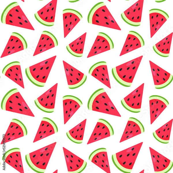 Fototapeta Funny seamless pattern with colorful watermelon pieces. Red, pink and green colors. Positive summer mood. Endless design. Print for textile, clothes, gift wrap, cards, design and decor. 