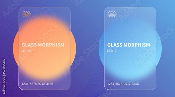Obraz Glass morphism effect. Transparent frosted acrylic bank cards. Orange yellow gradient circles on violet blue background. Realistic glassmorphism matte plexiglass shape. Vector