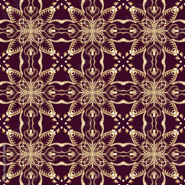 Fototapeta Seamless ornamental royal surface pattern in golden color with maroon background. Use for fashion design, clothing, fabrics, home decoration, bedding, wallpapers, invitations and greeting cards