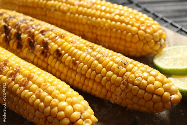 Obraz Tasty grilled corn with salt, closeup view